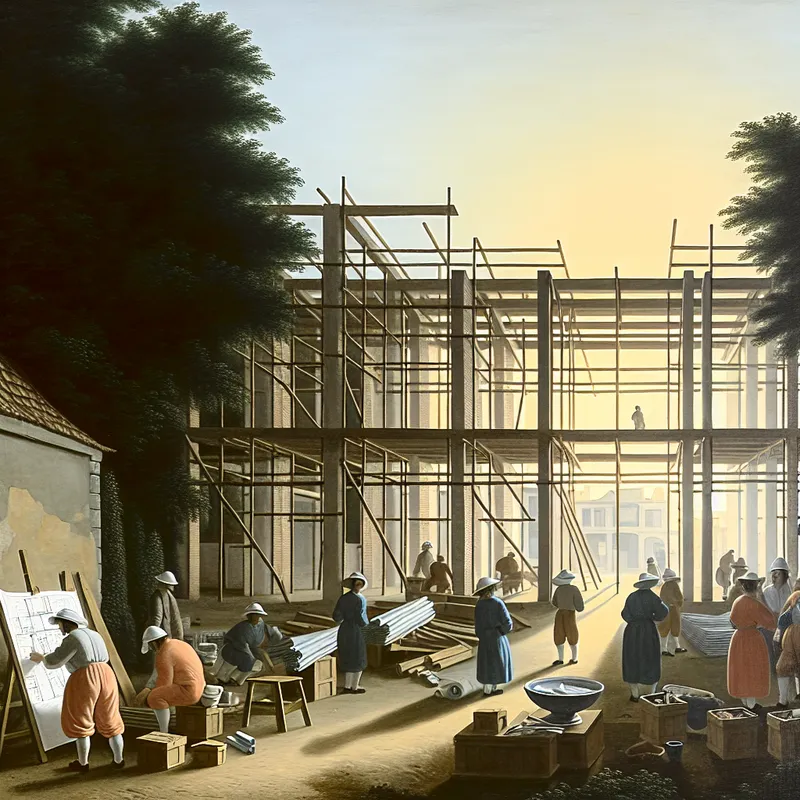 Constructieproject in de vroege ochtend met arbeiders, blauwdrukken en een gedeeltelijk gebouw in de achtergrond