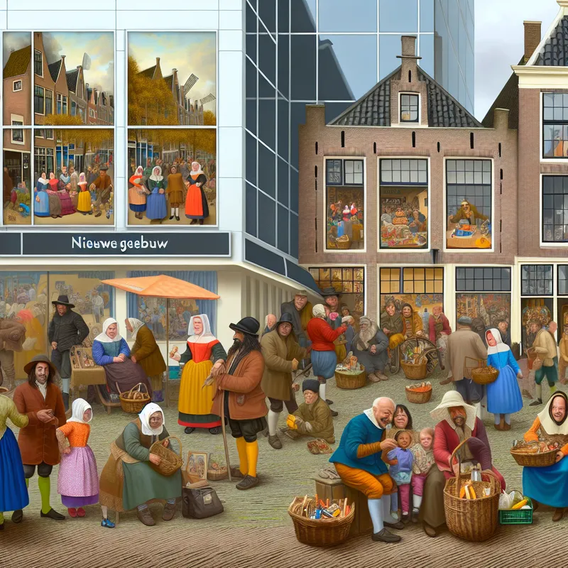 Een levendige straattafel in een druk stadscentrum met mensen die hun dagelijkse routine uitvoeren, een modern gebouw op de achtergrond en een gezin dat een foto maakt.