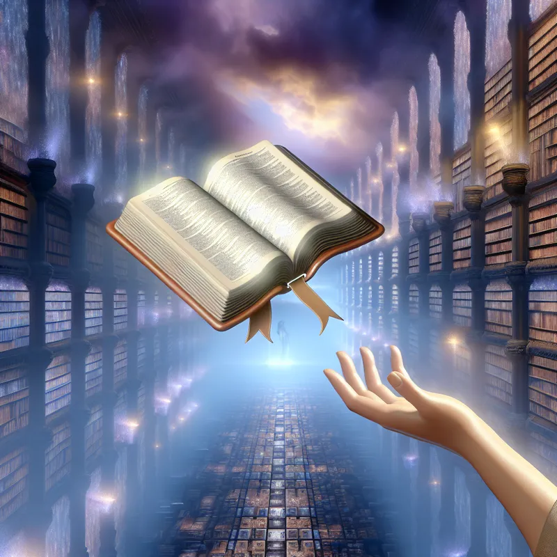 Surrealistische bibliotheek met zwevend transparant woordenboek als middel voor taalhulp en kennis, in de stijl van Carel Willink