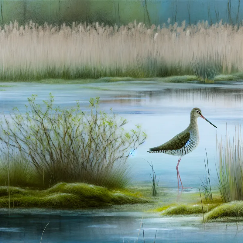 Elegante woudloper staat aan de rand van een kalm water in een natuurreservaat, omringd door weelderige wetlands en zachte planten.