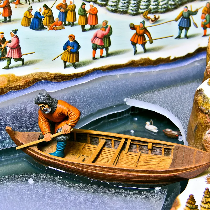 Houten boot die met wrijving over het ijs van een bevroren kanaal wordt getrokken, wintertafereel in de stijl van Hendrick Avercamp