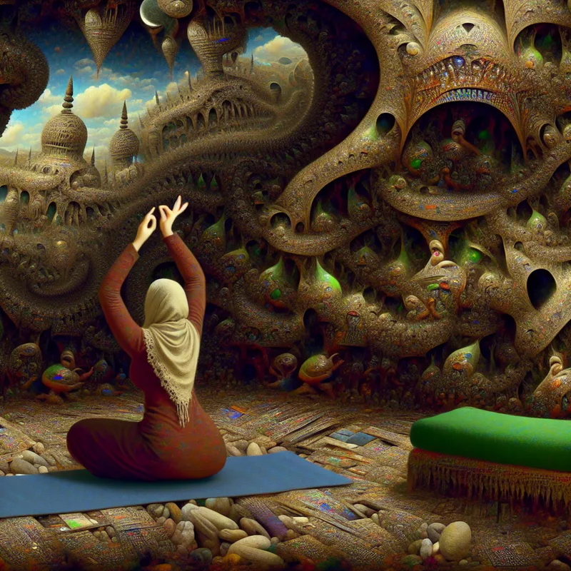 Persoon doet yoga in een surrealistisch landschap met vreemde wezens