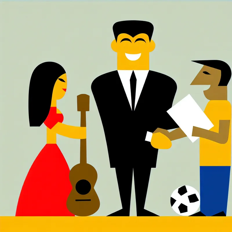 Minimalistische illustratie van een zaakwaarnemer die een hand schudt met een sponsor, tussen een muzikant met gitaar en een voetballer met bal, in de stijl van Dick Bruna