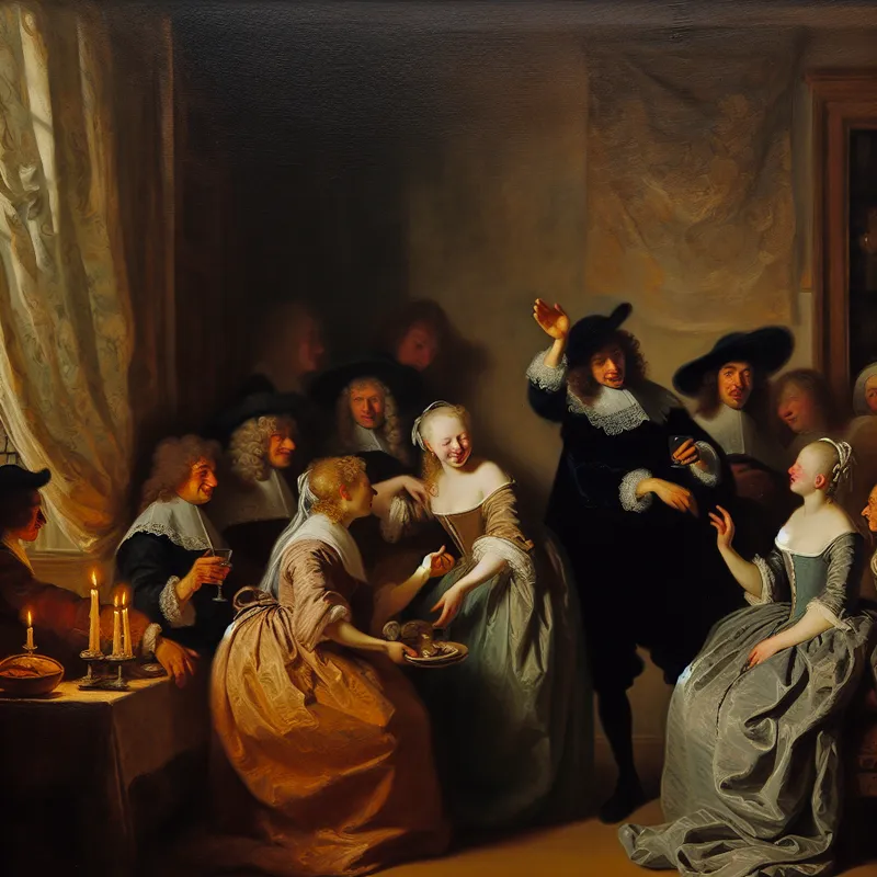 17e-eeuwse Nederlandse interieurscène met elegante personen in een rustig gesprek, één persoon gebaart om zachter te spreken, in de stijl van Frans Hals