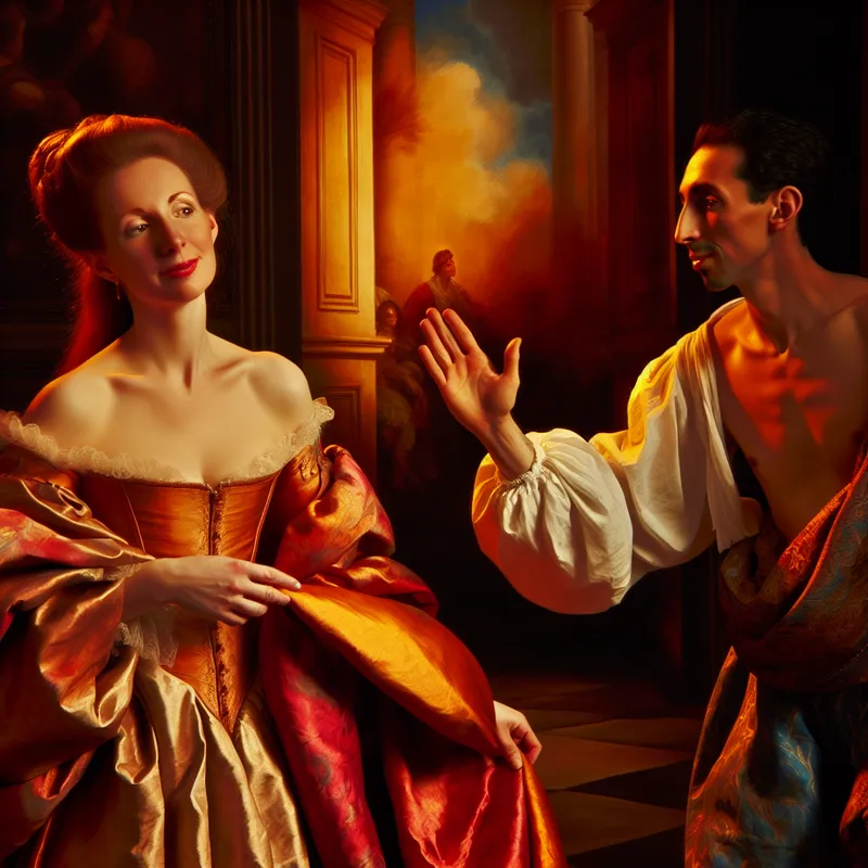 Twee elegante figuren in een barok interieur, waarbij de ene persoon zachtjes aanspoort en de ander aarzelend reageert op een uitnodiging