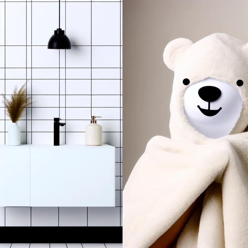 Een minimalistische afbeelding van een zachte, pluizige handdoek draped over een glimlachend gezicht in een schone badkamer.