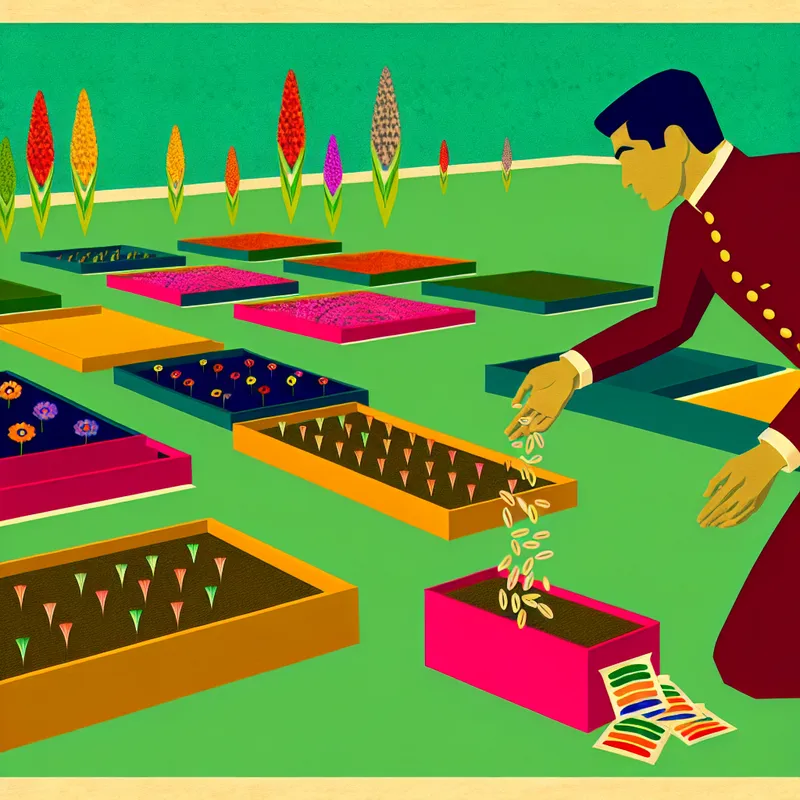 Een persoon verspreidt zaden in een kleurrijke retro-futuristische tuin met geometrische vormen en levendige bloemen.