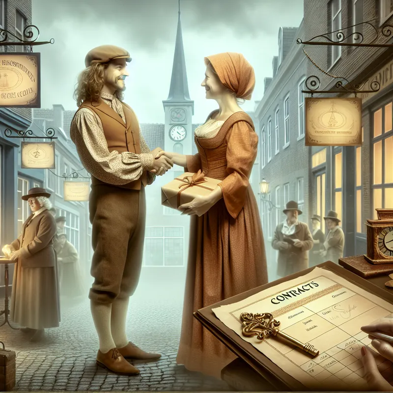 Twee professionals geven elkaar een hand in een nostalgische, sprookjesachtige kantooromgeving, symboliserend zakelijk contact en samenwerking met wederzijds voordeel