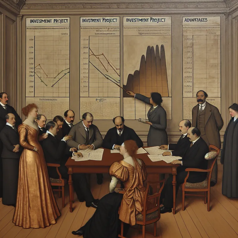 Een groep zakelijke mensen analyseert documenten en grafieken aan een grote tafel, met een nadruk op de voordelen van een investering