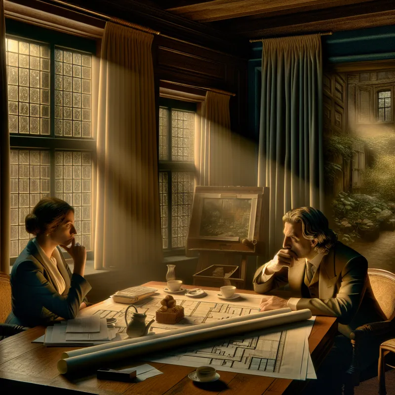 Een zakelijke man en vrouw die in een serene kamer met architectonische blauwdrukken en financiële documenten aan een houten tafel zitten en in discussie zijn over toekomstige investeringen.