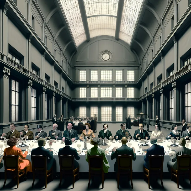 Hyperrealistisch surrealistisch schilderij van een zakelijke lunch in een monumentale eetzaal met zakenmensen aan een lange tafel, in de stijl van Carel Willink