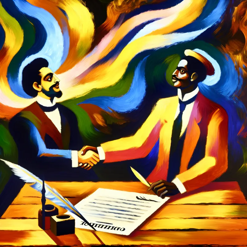 Twee zakenmannen schudden elkaar de hand bij het sluiten van een overeenkomst, geschilderd in de expressieve stijl van Vincent van Gogh met levendige kleuren en dynamische penseelstreken