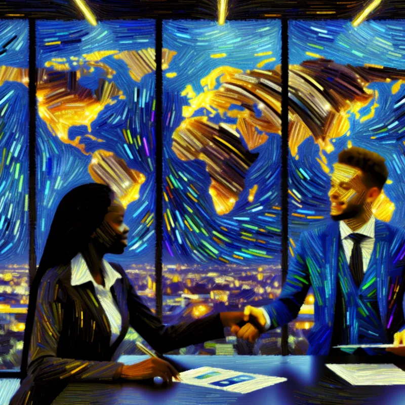 Twee professionals geven elkaar een hand in een moderne kantooromgeving met een wereldkaart op de achtergrond, symboliserend zakelijke relaties en internationale samenwerking in Van Gogh-stijl