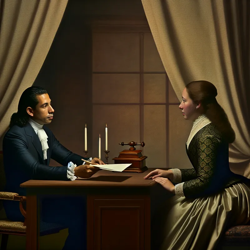 Een man en vrouw in een zakelijke vergadering, met een brief in de hand van de vrouw in een elegante kantooromgeving.