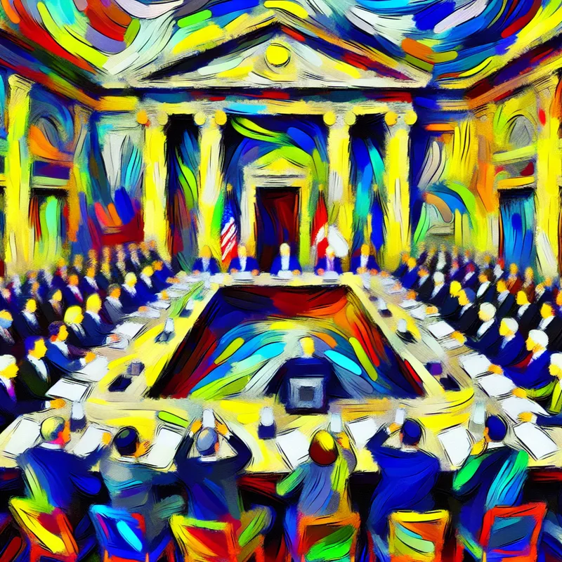 Drukke zakelijke vergadering in een groot stadshuis met diverse professionals rond een conferentietafel