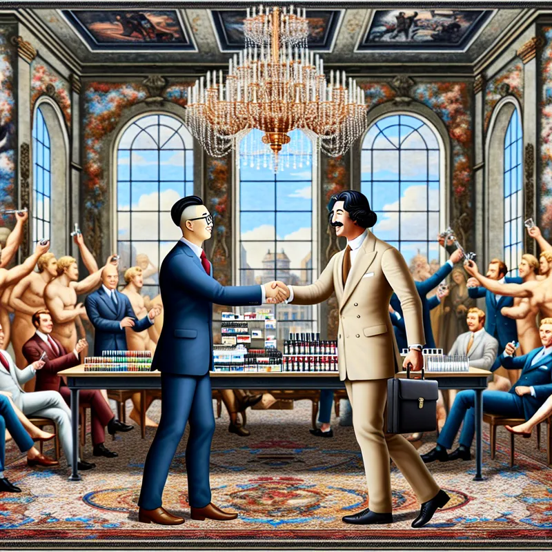 Twee zakenlieden schudden elkaar de hand in een weelderige vergaderzaal, met productmonsters op een grote tafel.