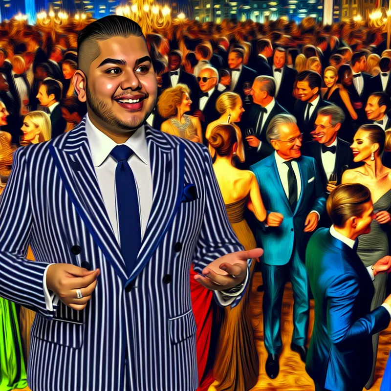 Een zelfverzekerde zakenman in een donkerblauw gestreept pak, staand op een gala met elegant geklede gasten.