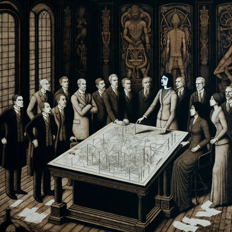 Zakenmensen verzameld rond een tafel met financiële grafieken in een gotisch kantoor