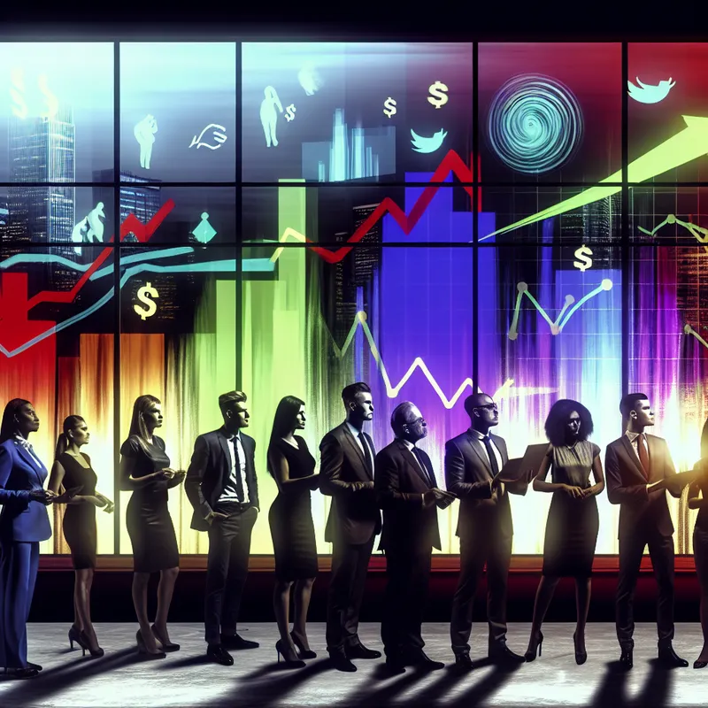 Een groep diverse zakenprofessionals bekijkt grote kleurrijke grafieken op een scherm in een modern kantoor met uitzicht over de stad.