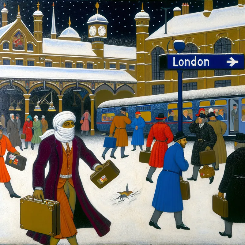 Een formeel geklede zakenreiziger staat op een druk treinstation, omringd door mensen en vallende sneeuw.