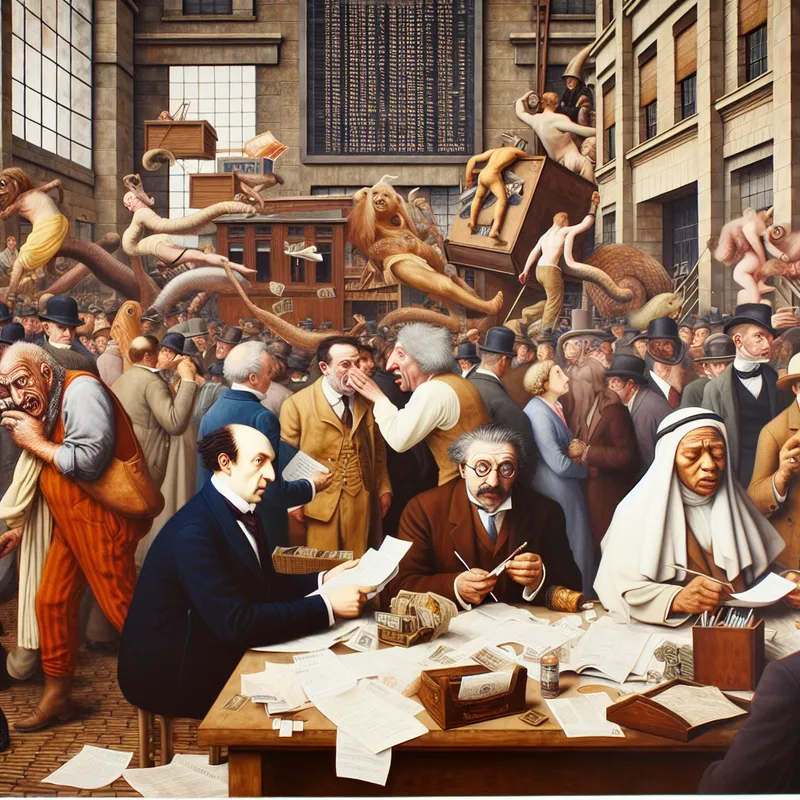 Levendige schilderij in de stijl van Jan Steen van een chaotische zakenwereld met professionals, onderhandelingen, geld en een drukke achtergrond met een beurskoers en kantoorgebouwen