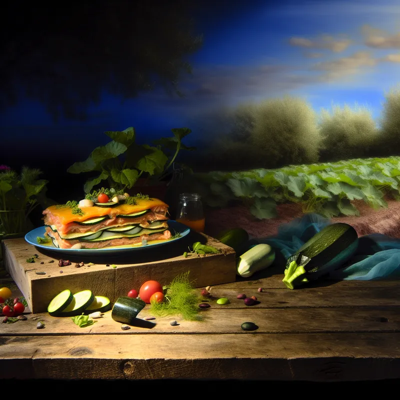 Mooi gepresenteerd bord met lasagne van zalm en courgette op een rustieke houten tafel