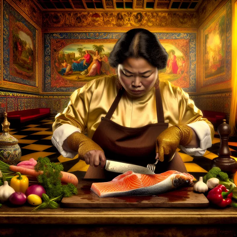 Een chef-kok fileert een zalm in een luxe keuken met barokke details