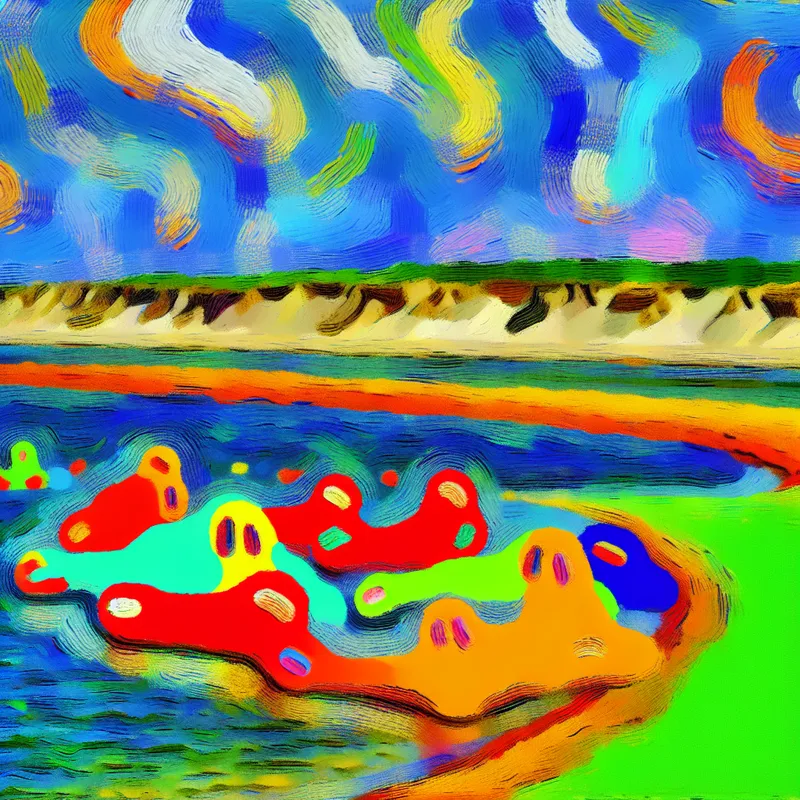 Abstracte voorstelling van een zandbank in de Waddenzee met speelse zeehonden in felle kleuren, geïnspireerd op Karel Appel