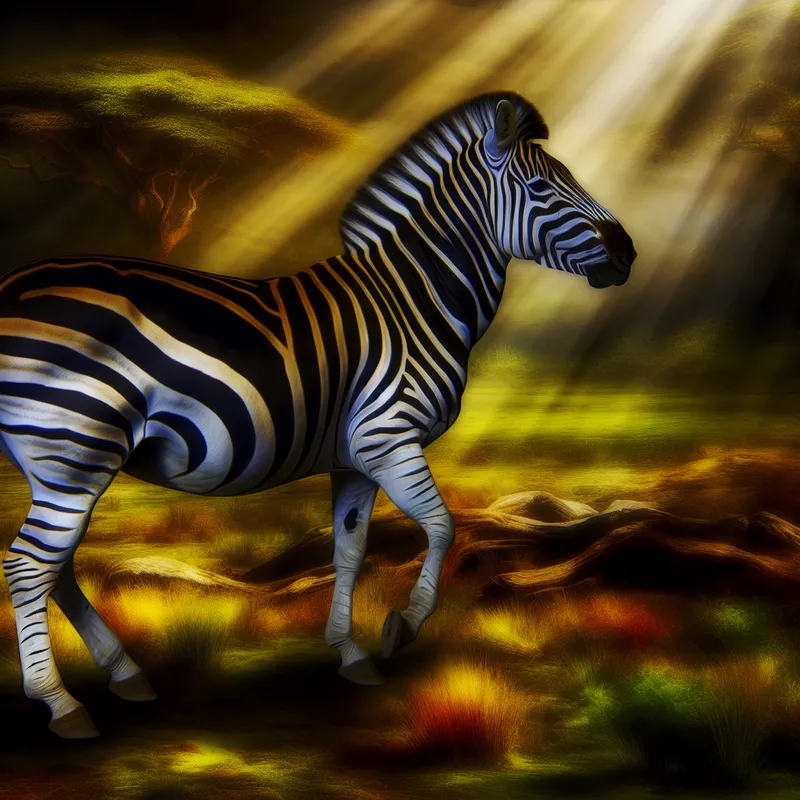 Zebra met opvallend zwart-wit contrast in een zonovergoten savanne, barokstijl