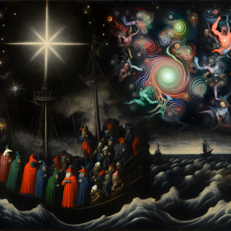 Sailors navigating at night using the North Star amidst surreal celestial creatures.