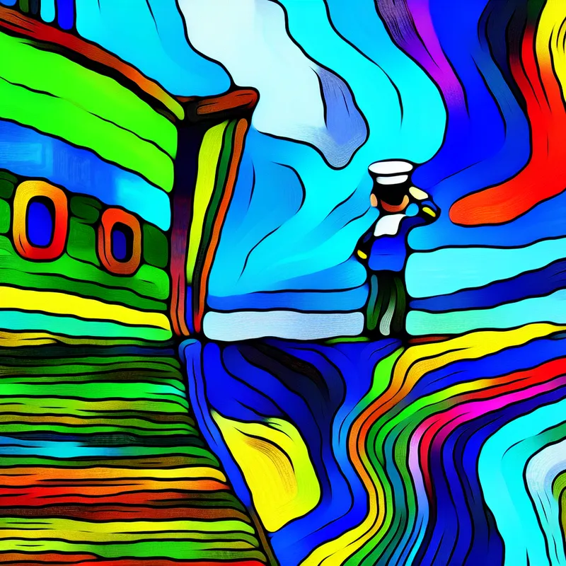 Abstracte voorstelling van een zeeman aan de boord van een schip met kleurrijke, golvende zee in de stijl van Karel Appel