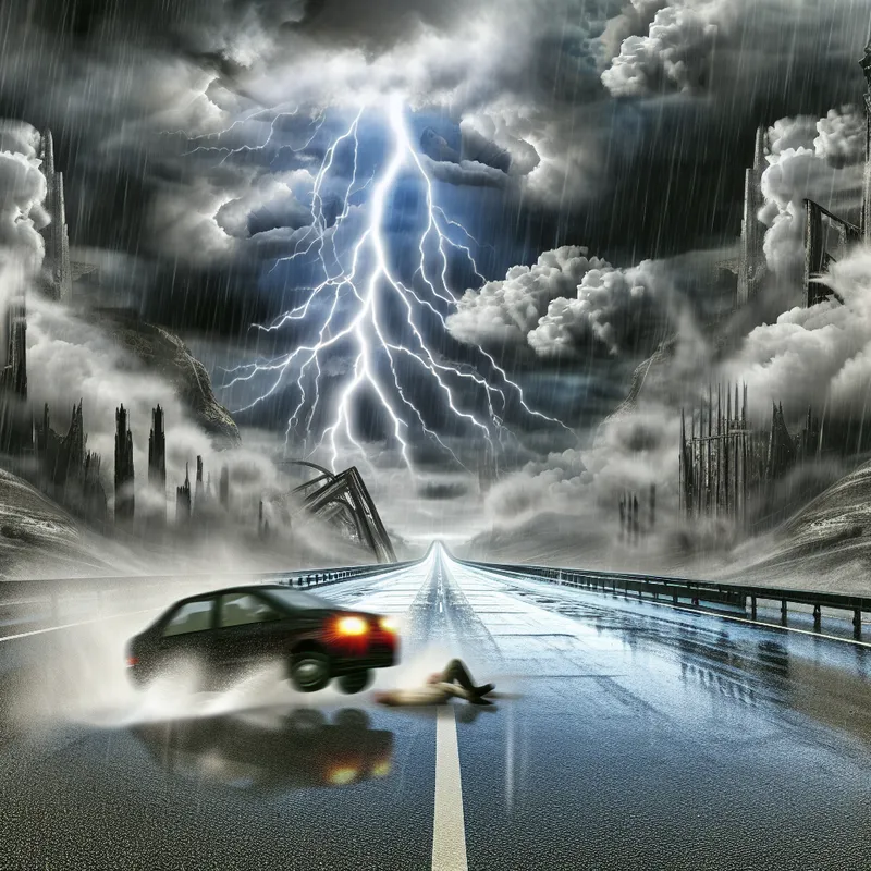 Auto slipt op natte weg met onweersbui op de achtergrond