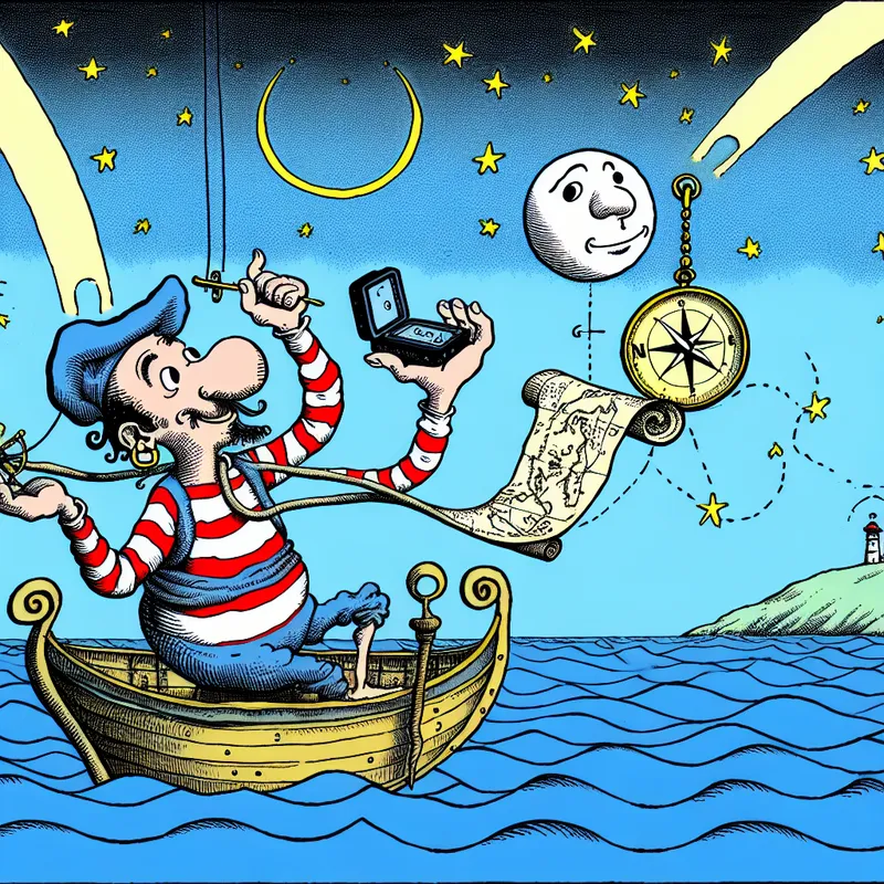 Vrolijke zeeman vergelijkt oude zeekaart met moderne GPS op een kleurrijk bootdek onder een sterrenhemel met satelliet