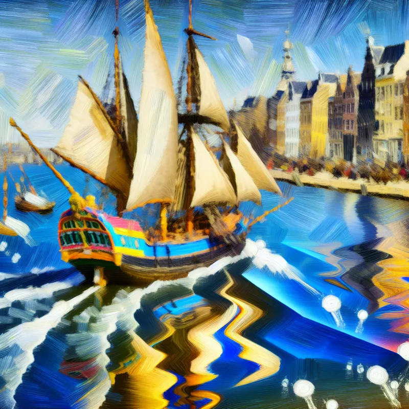 Een zeilboot die de haven verlaat en de open wateren opvaart, met Amsterdam op de achtergrond.