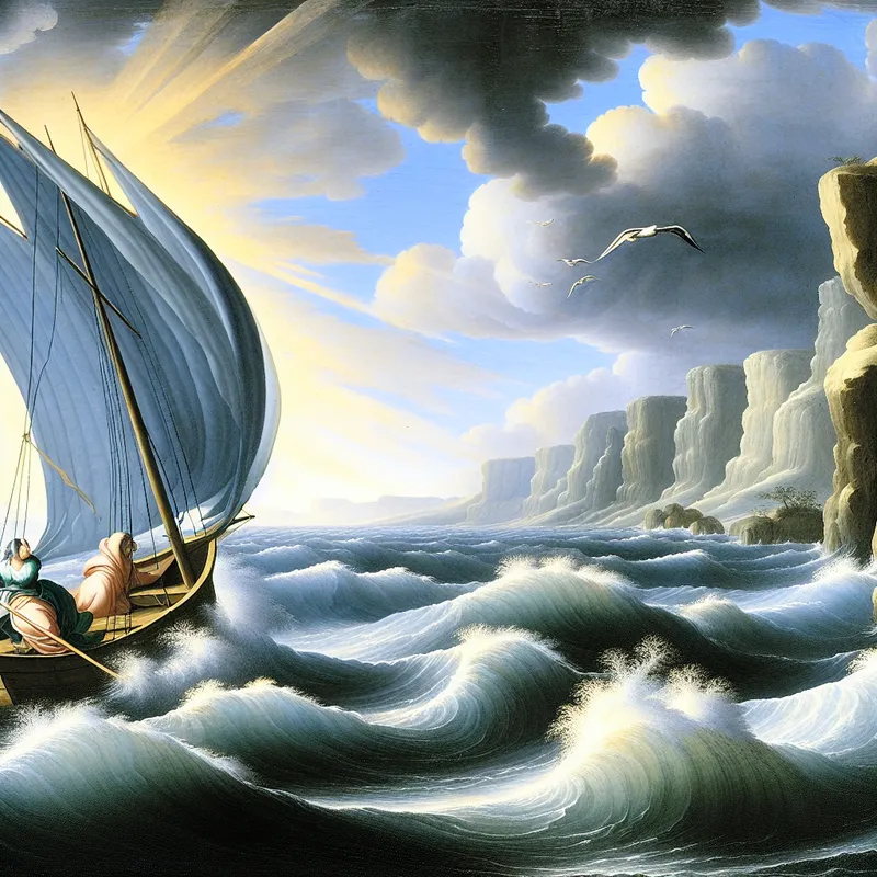 Een zeilboot die elegant over de zee vaart met wapperende zeilen en hoge golven.