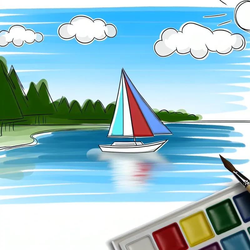 Vibrante zomerse afbeelding van een zeilboot die over een kalm meer glijdt onder een helderblauwe lucht met witte wolken.