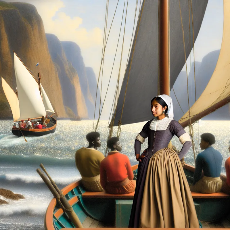 Vrouwelijke instructeur leert zeilen op een traditionele zeilboot, met studenten in de achtergrond.