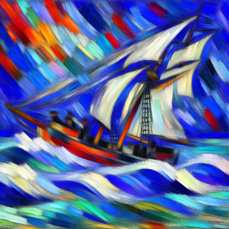 Abstract schilderij van een zeilschip dat halst, met felle kleuren en dynamische penseelstreken in de stijl van Karel Appel