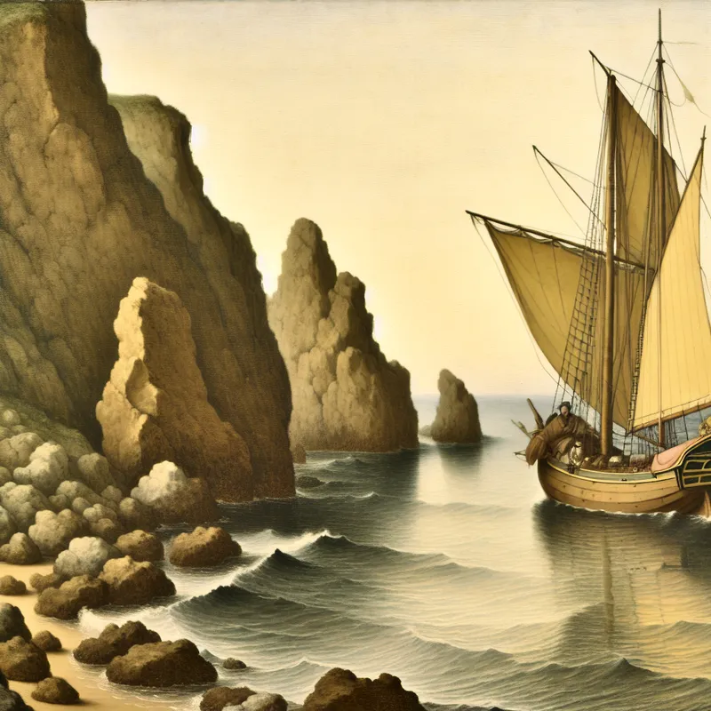 Klein houten zeilschip dat nauwkeurig langs een rotsachtige kust vaart in een serene zee, stijl van Johannes Vermeer