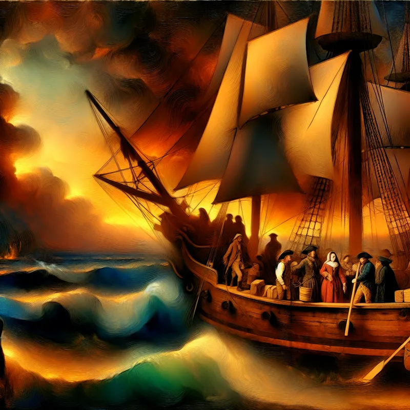 Groep opgewonden mensen die zich voorbereiden om te vertrekken met een prachtig oud schip onder een glorieuze zonsondergang.