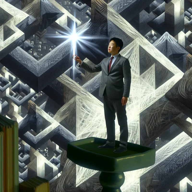 Persoon staat stevig op een geometrisch platform in Escher-stijl, houdt een gloeiend object vast als symbool van zekerheid en verontschuldiging boven een chaotische leegte