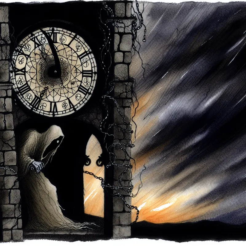 Gothische klokkentoren bij zonsopgang met een schaduwfiguur die een verzegelde perkamentrol vasthoudt, symbool voor onwrikbare zekerheid en beloften