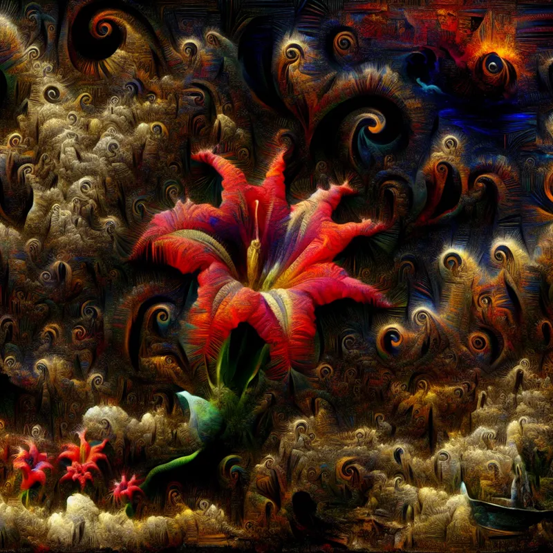 Een surrealistisch tafereel van een zeer zeldzame bloem in een fantasieënlandschap, omringd door ongebruikelijke wezens en donkere elementen.