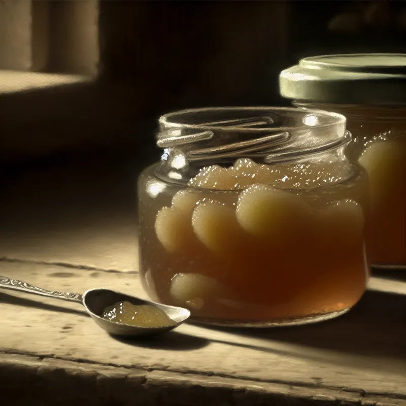 Een pot met zelfgemaakte confiture op een rustieke houten tafel, met een lepel die gedeeltelijk in de geurige substantie is ondergedompeld.
