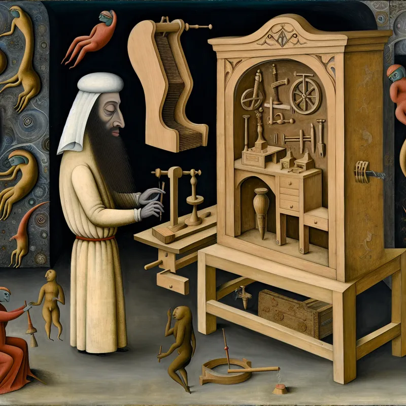 Surrealistisch tafereel in de stijl van Hieronymus Bosch van een ambachtsman die een houten kast zelf maakt, omringd door zwevende fantasiehulpmiddelen en mysterieuze wezentjes