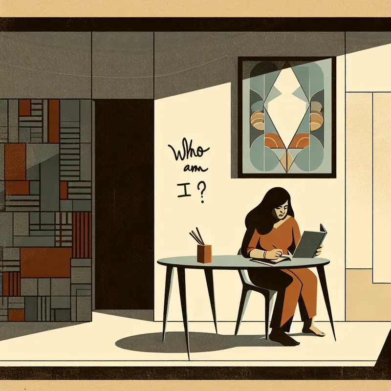 Persoon schrijft in een dagboek met de titel 'Who Am I?' aan een minimalistisch bureau