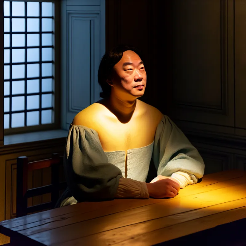 Persoon in stille zelfreflectie aan houten tafel, zacht licht op gezicht, Vermeer-stijl schilderij