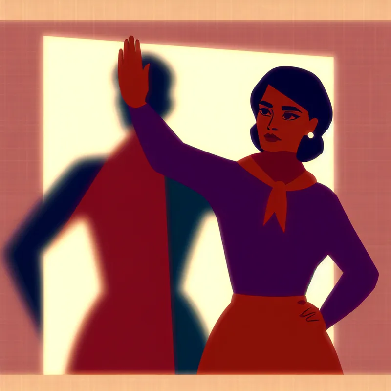 Illustratie van een zelfverzekerde vrouw die met een stopgebaar grenzen aangeeft tegen onrechtvaardige behandeling, symboliserend zelfrespect en trots