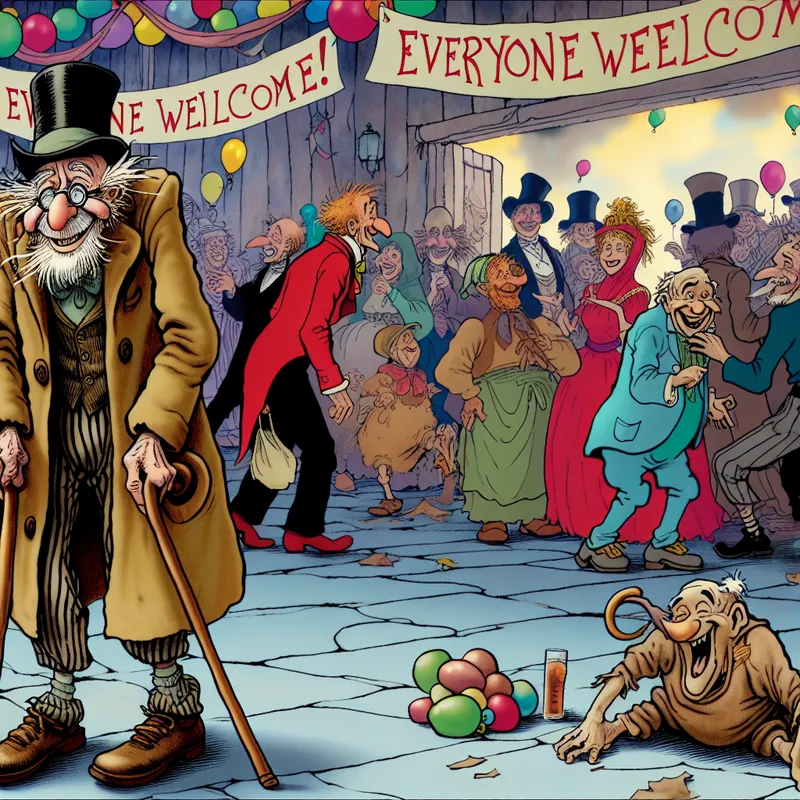 Karikaturale feestscène met diverse personages waar een verraste oudere buurman hartelijk wordt verwelkomd met de tekst 'Iedereen welkom!'