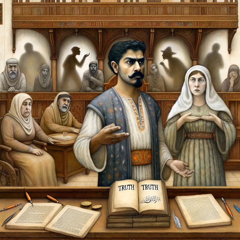 Illustratie van een sprookjesachtige rechtszaal waar een persoon zich verdedigt tegen kritiek met een boek getiteld 'Waarheid' in de hand